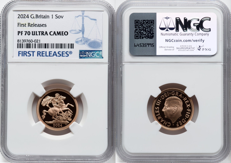 Charles III gold Proof Sovereign 2024 PR70 Ultra Cameo NGC, Mintage: 9,260. Firs...