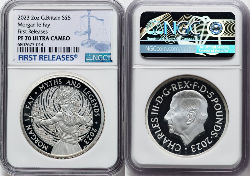 Charles III silver Proof "Morgan le Fay" 5 Pounds (2 oz) 2023 PR70 Ultra Cameo N...