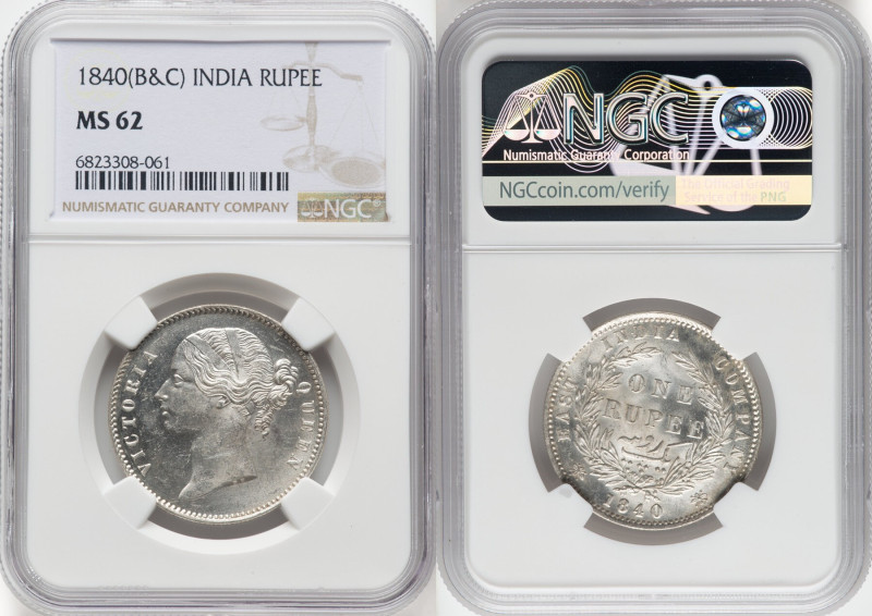 British India. Victoria Rupee 1840-(b & c) MS62 NGC, Calcutta mint, KM458.2, S&W...