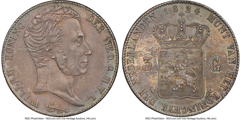 Willem I 3 Gulden 1824 AU Details (Reverse Cleaned) NGC, Utrecht mint, KM49. Tor...