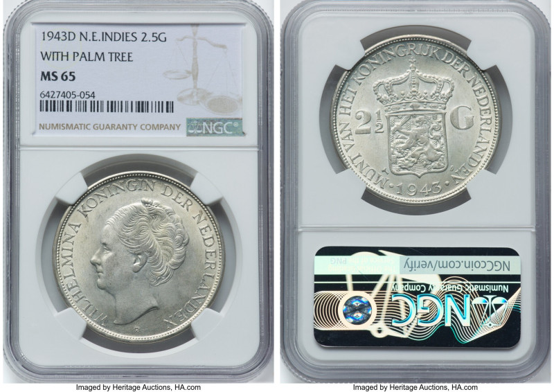 Dutch Colony. Wilhelmina 2-1/2 Gulden 1943-D MS65 NGC, Denver mint, KM331. With ...