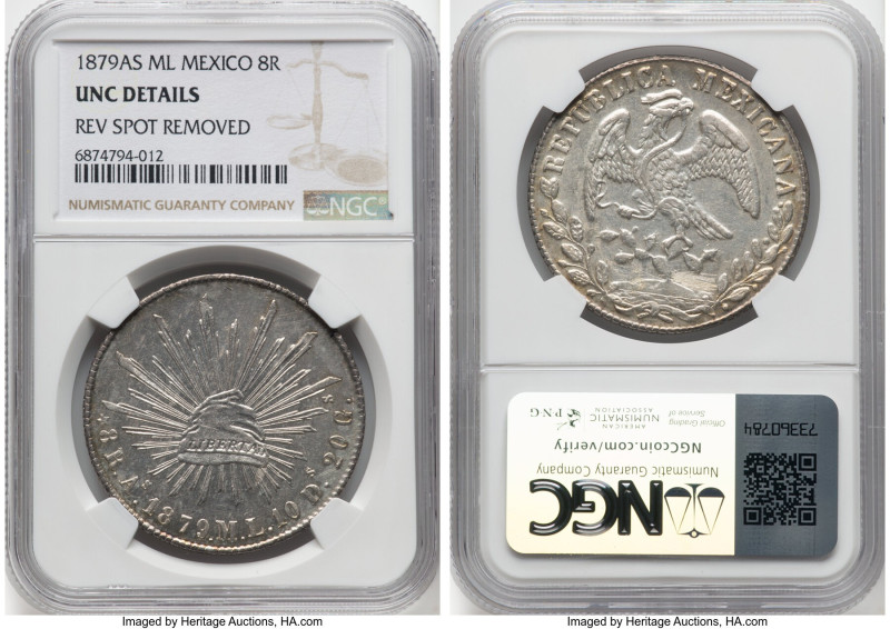 Republic 8 Reales 1879 As-ML UNC Details (Reverse Spot Removed) NGC, Alamos mint...