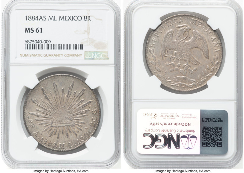 Republic 8 Reales 1884 As-ML MS61 NGC, Alamos mint, KM377, DP-As24. Only 19 exam...