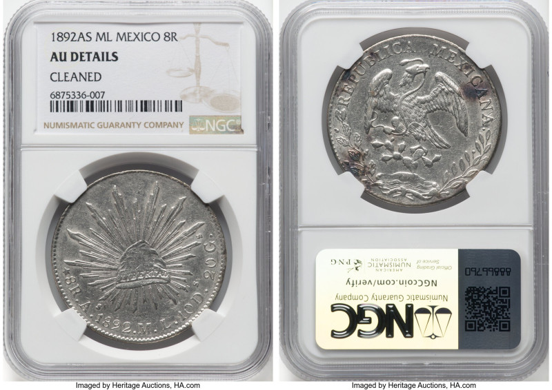 Republic 8 Reales 1892/0 As-ML AU Details (Cleaned) NGC, Alamos mint, KM377, DP-...