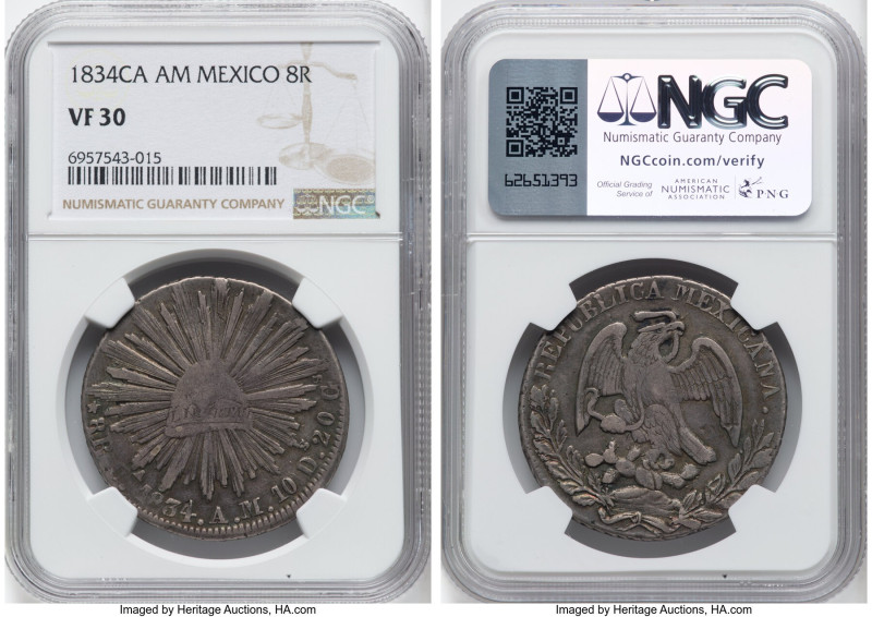 Republic 8 Reales 1834 Ca-AM VF30 NGC, Chihuahua mint, KM377.2, DP-Ca05 (Rare). ...