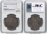 Republic 8 Reales 1834 Ca-AM VF30 NGC, Chihuahua mint, KM377.2, DP-Ca05 (Rare). Noted as a rare date by Dunigan-Parker, much more elusive than the 183...