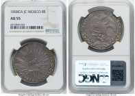 Republic 8 Reales 1858 Ca-JC AU55 NGC, Chihuahua mint, KM377.2, DP-Ca30. Awash in lilac tone that concentrates to a more polychromatic hue at the peri...