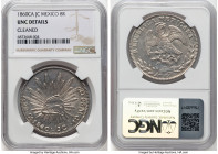 Republic 8 Reales 1860 Ca-JC UNC Details (Cleaned) NGC, Chihuahua mint, KM377.2, DP-Ca33. Very minimal signs of cleaning barely taint this lustrous UN...