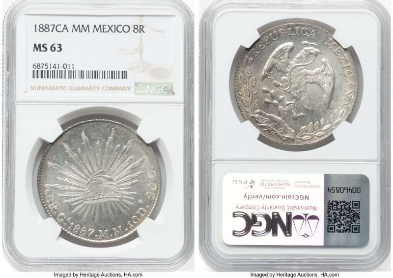 Republic 8 Reales 1887 Ca-MM MS63 NGC, Chihuahua mint, KM377.2, DP-Ca70. Highly ...