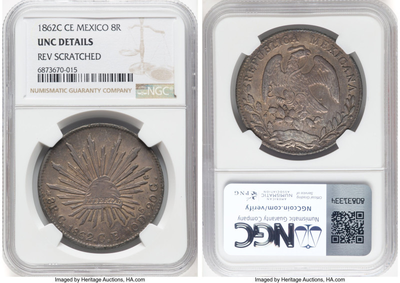 Republic 8 Reales 1862 C-CE UNC Details (Reverse Scratched) NGC, Culiacan mint, ...