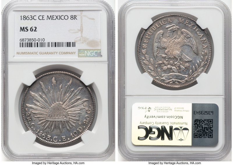 Republic 8 Reales 1863 C-CE MS62 NGC, Culiacan mint, KM377.3, DP-Cn20. An intrig...