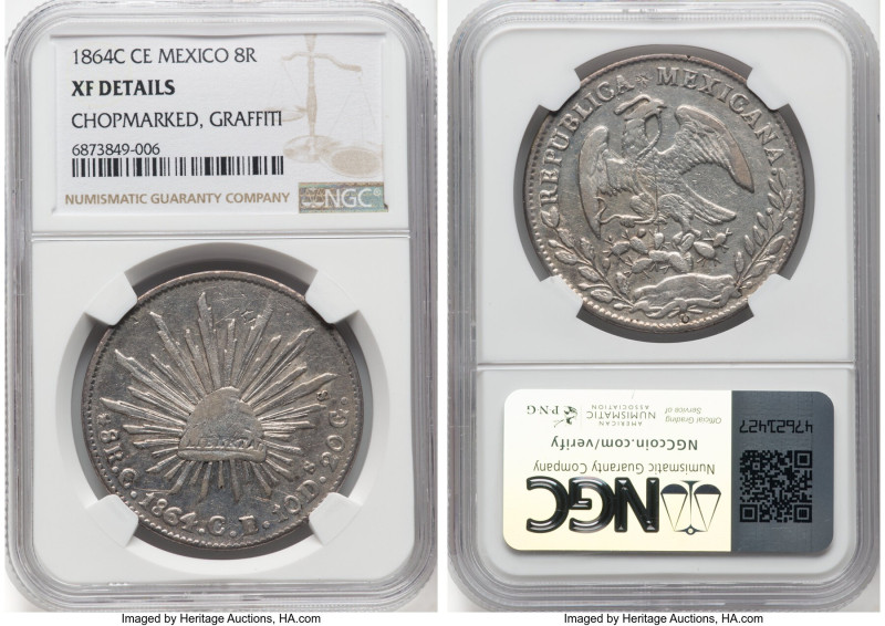 Republic 8 Reales 1864 C-CE XF Details (Chopmarked, Graffiti) NGC, Culiacan mint...