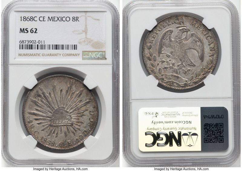 Republic 8 Reales 1868 C-CE MS62 NGC, Culiacan mint, KM377.3, DP-Cn25. A signifi...