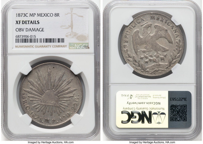 Republic 8 Reales 1873 C-MP XF Details (Obverse Damage) NGC, Culiacan mint, KM37...