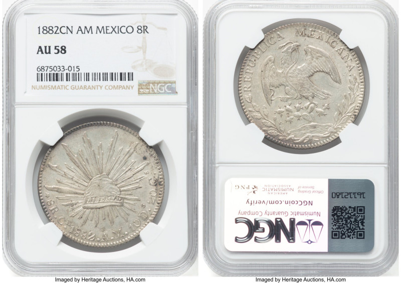 Republic 8 Reales 1882 Cn-AM AU58 NGC, Culiacan mint, KM377.3, DP-Cn43 (Scarce)....