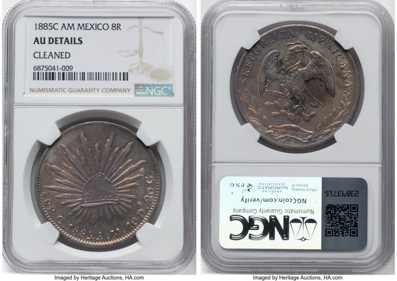 Republic 8 Reales 1885 C-AM AU Details (Cleaned) NGC, Culiacan mint, KM377.3, DP...