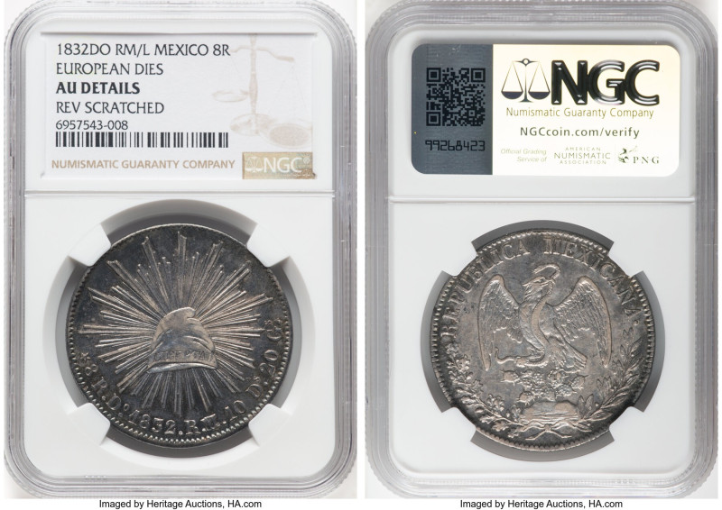 Republic 8 Reales 1832 Do-RM/L AU Details (Reverse Scratched) NGC, Durango mint,...