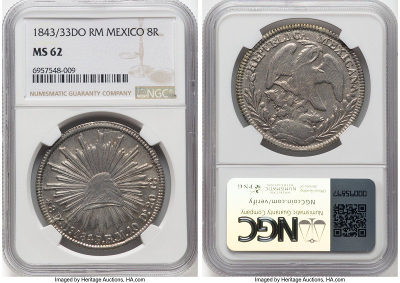 Republic 8 Reales 1843/33 Do-RM MS62 NGC, Durango mint, KM377.4, DP-Do20. A comm...