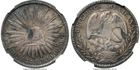 Republic 8 Reales 1844/43 Do-RM AU50 NGC, Durango mint, KM377.4, DP-Do21 (Rare). A seldom seen date of Durango origin, whose three overdate types are ...
