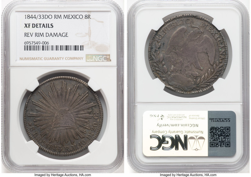 Republic 8 Reales 1844/43 Do-RM XF Details (Reverse Rim Damage) NGC, Durango min...