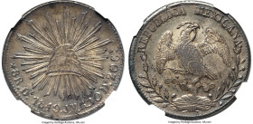Republic 8 Reales 1849 Do-JMR AU58 NGC, Durango mint, KM377.4, DP-Do28 (Rare). Die style of 1849-1852, small eagle variety. An elusive date that comes...