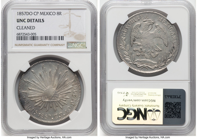 Republic 8 Reales 1857 Do-CP UNC Details (Cleaned) NGC, Durango mint, KM377.4, D...