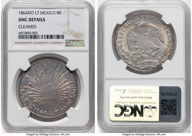 Republic 8 Reales 1864 Do-LT UNC Details (Cleaned) NGC, Durango mint, KM377.4, D...