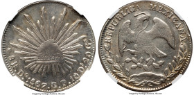 Republic 8 Reales 1867 Do-CP/LT AU Details (Cleaned) NGC, Durango mint, KM377.4, DP-Do49. A "very rare" over-assayer variety, the first we have offere...