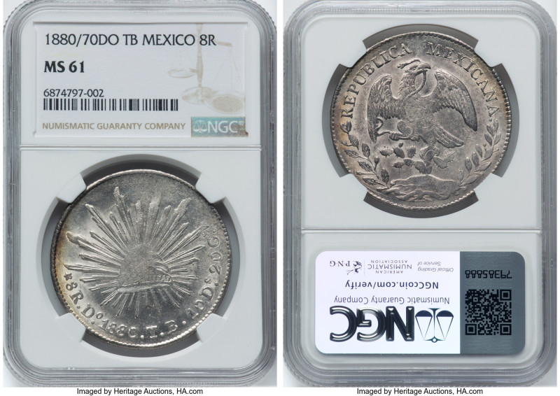 Republic 8 Reales 1880/70 Do-TB MS61 NGC, Durango mint, KM377.4, DP-Do67. A toug...