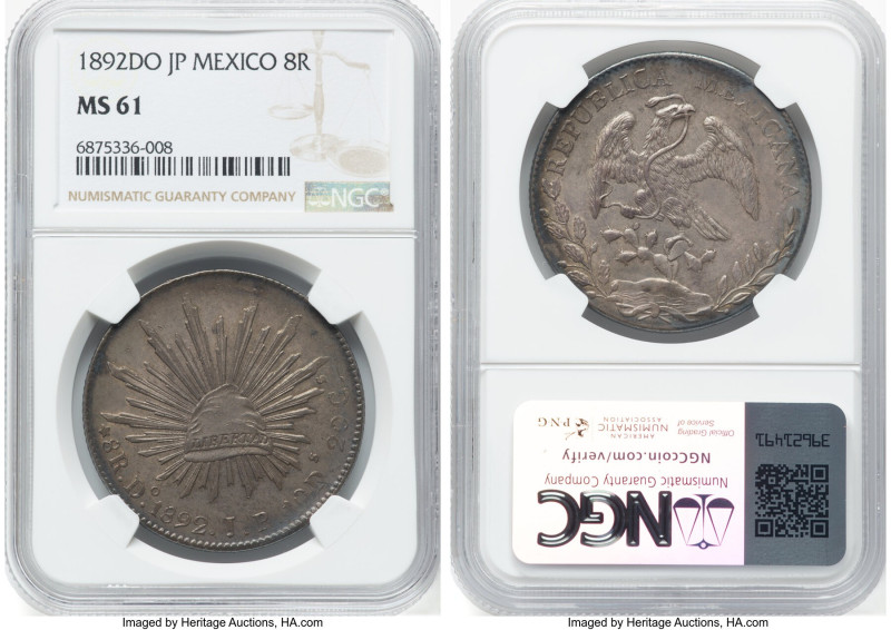 Republic 8 Reales 1892 Do-JP MS61 NGC, Durango mint, KM377.4, DP-Do82. HID098012...