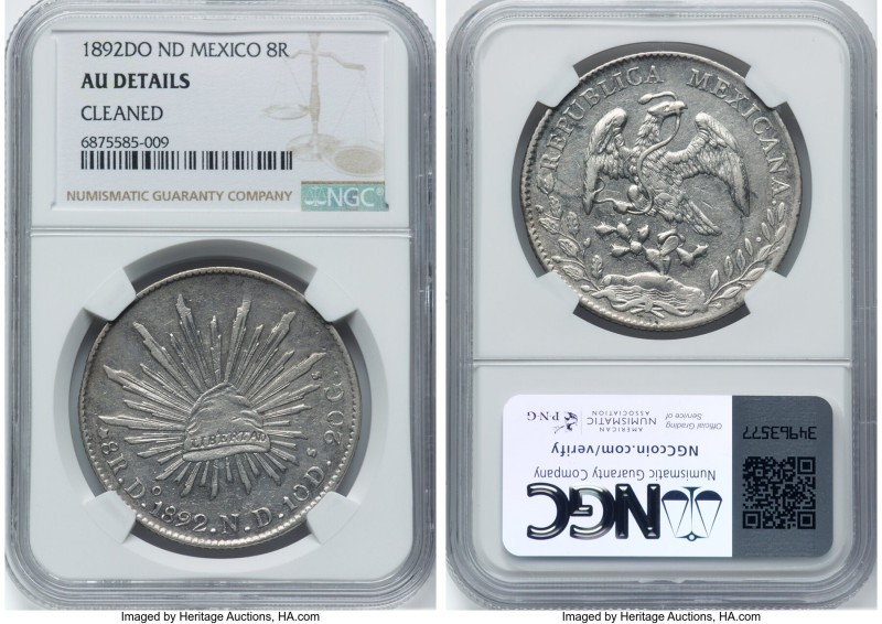 Republic 8 Reales 1892 Do-ND AU Details (Cleaned) NGC, Durango mint, KM377.4, DP...