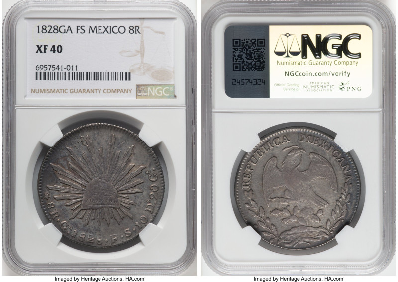 Republic 8 Reales 1828 Ga-FS XF40 NGC, Guadalajara mint, KM377.6, DP-Ga04. A han...
