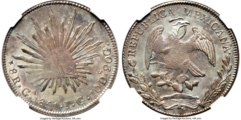 Republic 8 Reales 1851 Ga-JG MS63 NGC, Guadalajara mint, KM377.6, DP-Ga33. Light...