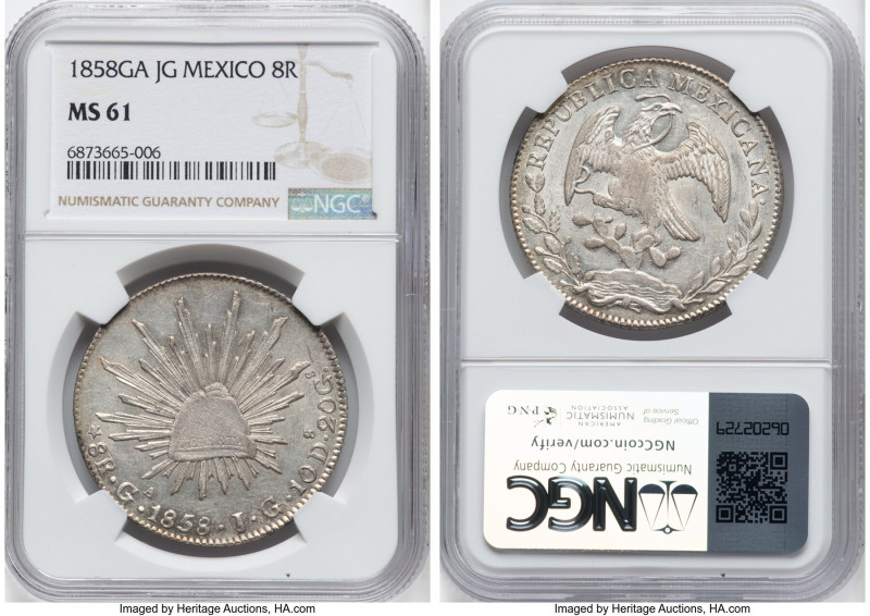 Republic 8 Reales 1858 Ga-JG MS61 NGC, Guadalajara mint, KM377.6, DP-Ga40. Only ...