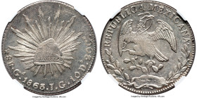 Republic 8 Reales 1863/4 Ga-JG MS62 NGC, Guadalajara mint, KM377.6, DP-Ga45 (Rare). Only 9 examples of the type are certified by NGC, 12 in total with...