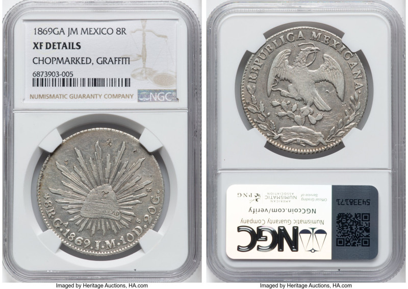 Republic 8 Reales 1869 Ga-JM XF Details (Chopmarked, Graffiti) NGC, Guadalajara ...