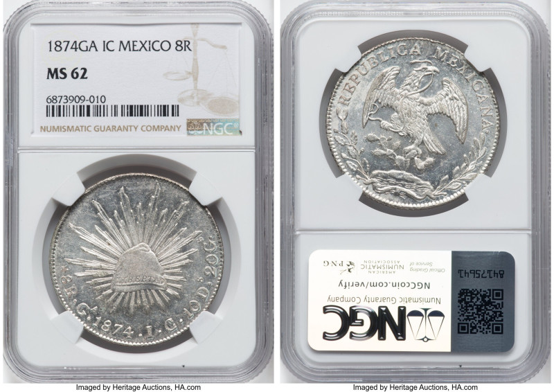 Republic 8 Reales 1874 Ga-IC MS62 NGC, Guadalajara mint, KM377.6, DP-Ga53. A nea...