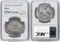 Republic 8 Reales 1877/6 Ga-JA MS62 NGC, Guadalajara mint, KM377.6, DP-Ga59. Only 9 examples of this type are certified by NGC. Bright icy-silver surf...