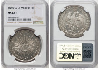 Republic 8 Reales 1880 Ga-JA MS63+ NGC, Guadalajara mint, KM377.6, DP-Ga62. A choice Guadalajara selection with boldly struck central devices and cart...