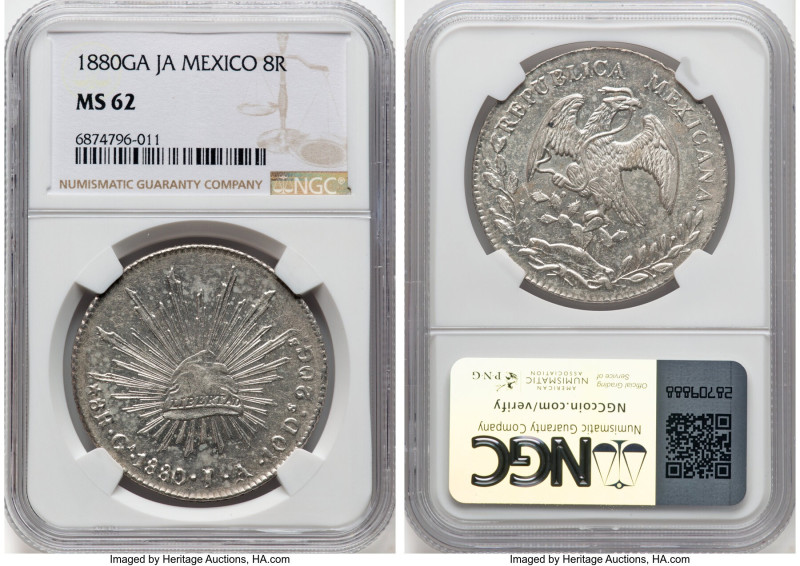 Republic 8 Reales 1880 Ga-JA MS62 NGC, Guadalajara mint, KM377.6, DP-Ga62. HID09...