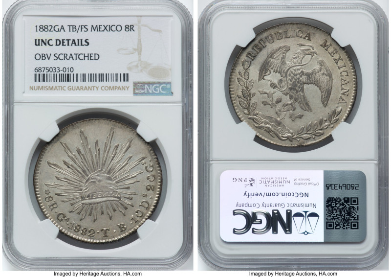 Republic 8 Reales 1882 Ga-TB/FS UNC Details (Obverse Scratched) NGC, Guadalajara...