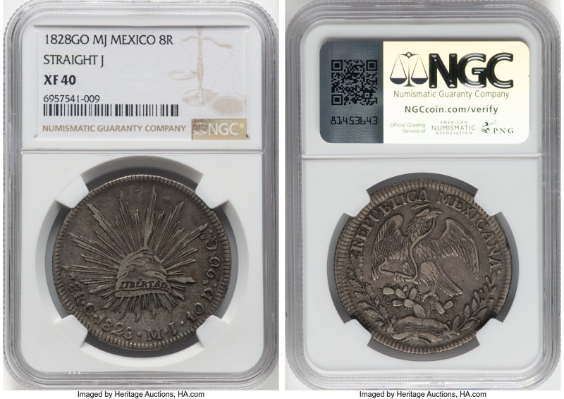 Republic 8 Reales 1828 Go-MJ XF40 NGC, Guanajuato mint, KM377.8, DP-Go09. Die st...