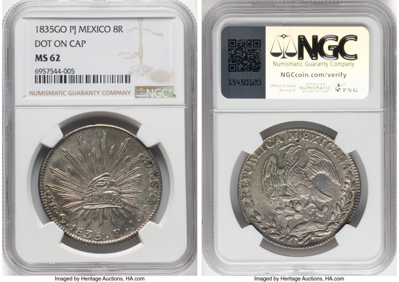 Republic 8 Reales 1835 Go-PJ MS62 NGC, Guanajuato mint, KM377.8, DP-Go17. Dot on...