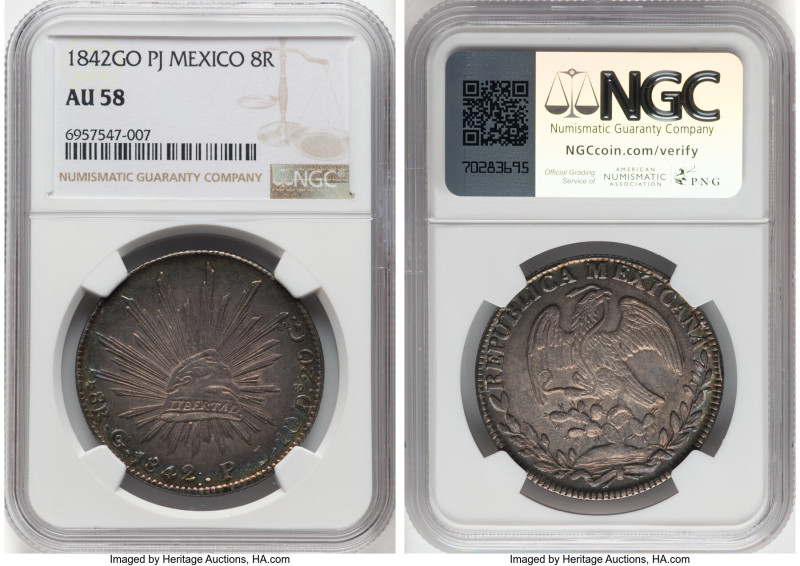 Republic 8 Reales 1842 Go-PJ AU58 NGC, Guanajuato mint, KM377.8, DP-Go24. Striki...