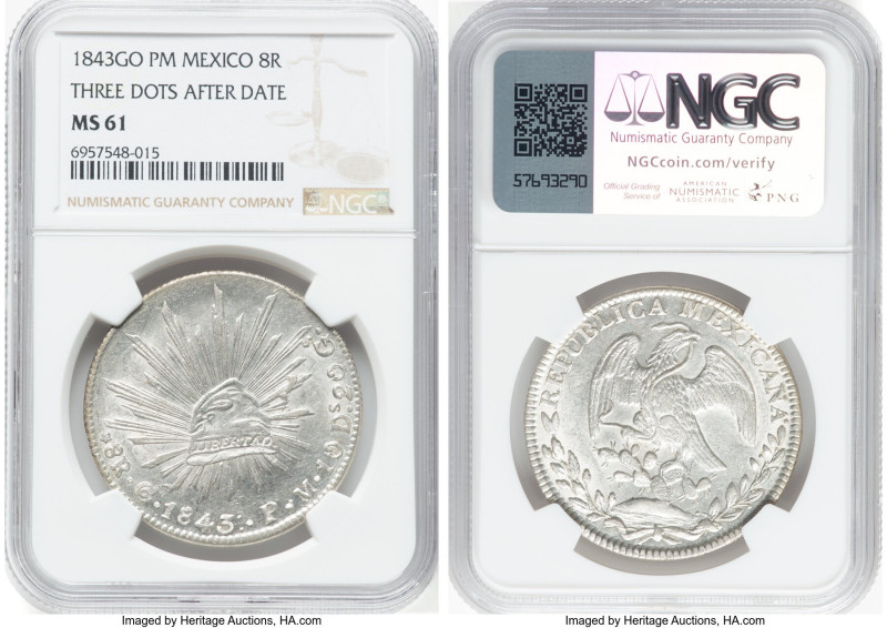 Republic 8 Reales 1843 Go-PM MS61 NGC, Guanajuato mint, KM377.8, DP-Go26. Three ...