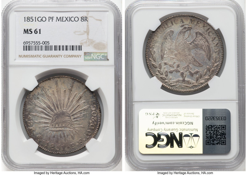 Republic 8 Reales 1851 Go-PF MS61 NGC, Guanajuato mint, KM377.8, DP-Go35. HID098...