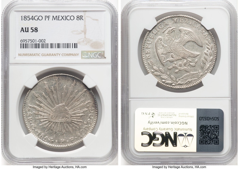 Republic 8 Reales 1854 Go-PF AU58 NGC, Guanajuato mint, KM377.8, DP-Go38. HID098...