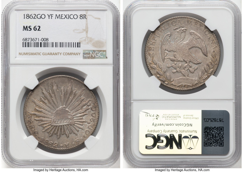 Republic 8 Reales 1862 Go-YF MS62 NGC, Guanajuato mint, KM377.8, DP-Go47. HID098...