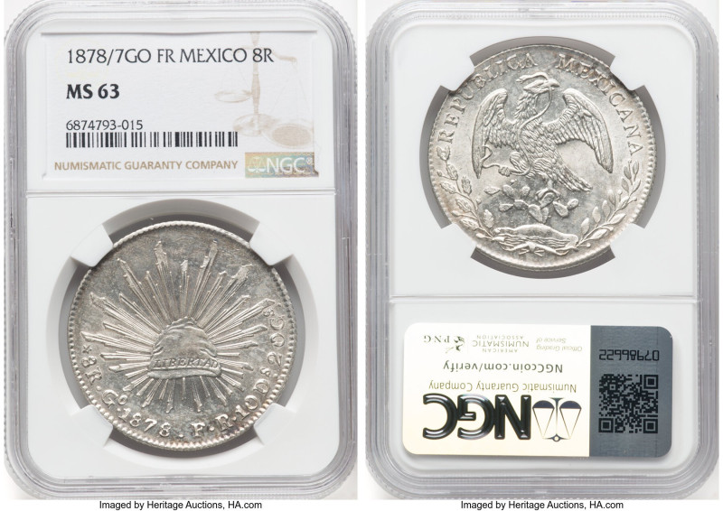 Republic 8 Reales 1878/7 Go-FR MS63 NGC, Guanajuato mint, KM377.8, DP-Go58. The ...