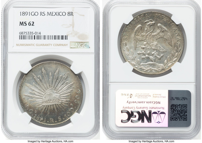 Republic 8 Reales 1891 Go-RS MS62 NGC, Guanajuato mint, KM377.8, DP-Go74. Lovely...